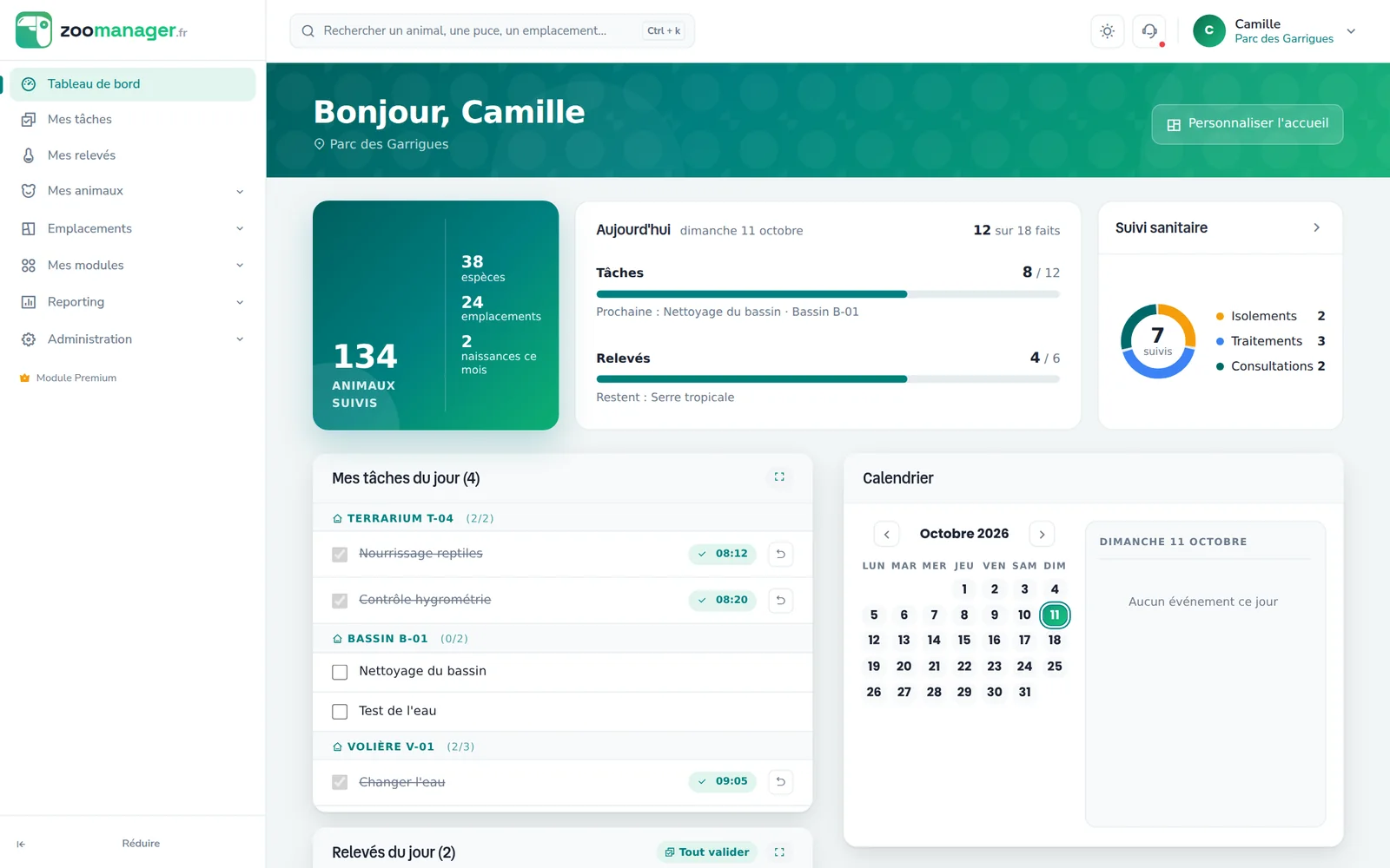 Tableau de bord ZooManager : tâches du jour, relevés et suivi sanitaire